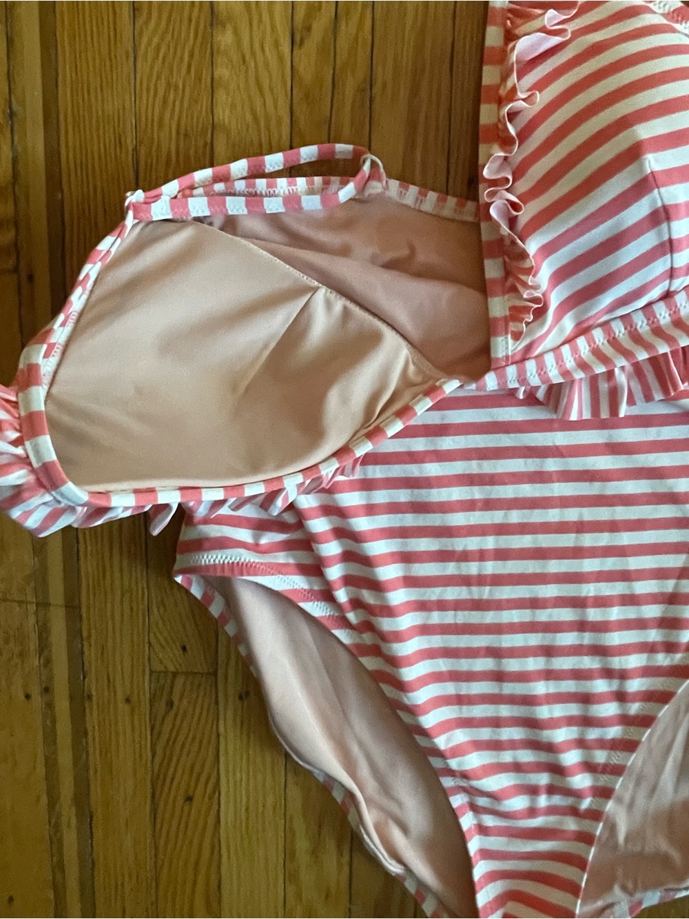 J. Crew, Size 14, Pink and White Striped Ruffle One-Piece Swimsuit - Picture 8 of 8